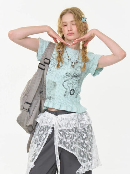 Rabbit Print Shirring Mellow Round Neck Short Sleeve T-Shirt【s0000013024】