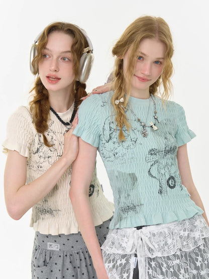 Rabbit Print Shirring Mellow Round Neck Short Sleeve T-Shirt【s0000013024】