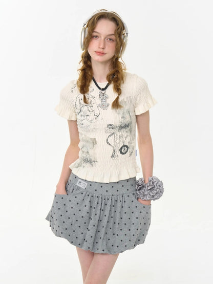 Rabbit Print Shirring Mellow Round Neck Short Sleeve T-Shirt【s0000013024】