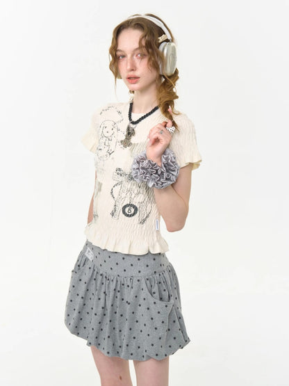 Rabbit Print Shirring Mellow Round Neck Short Sleeve T-Shirt【s0000013024】