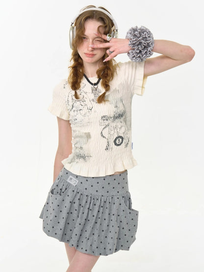 Rabbit Print Shirring Mellow Round Neck Short Sleeve T-Shirt【s0000013024】