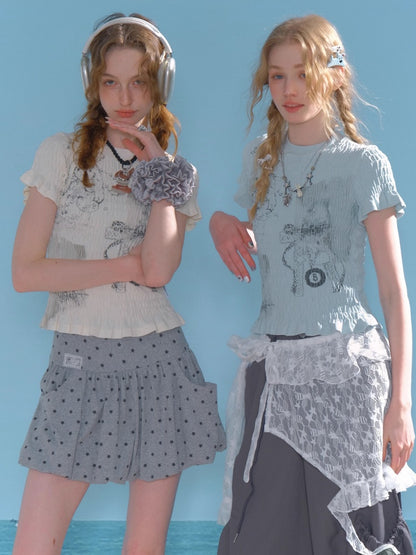Rabbit Print Shirring Mellow Round Neck Short Sleeve T-Shirt【s0000013024】