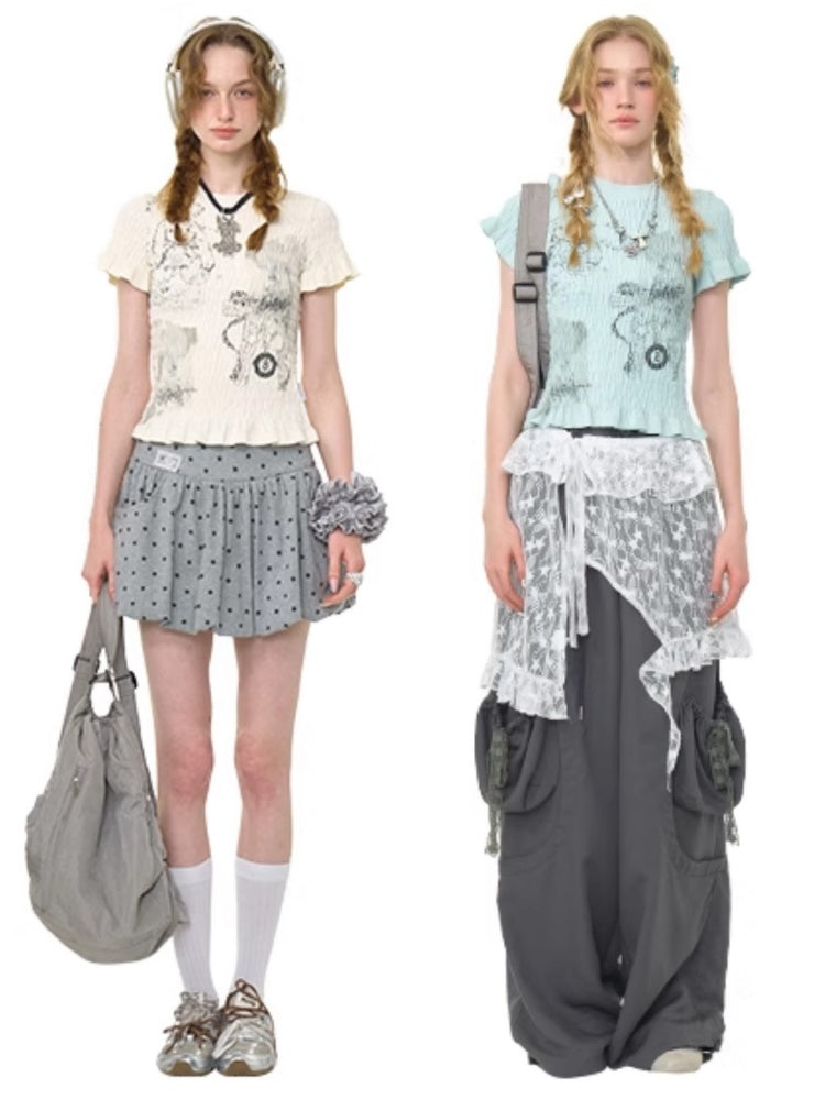 Rabbit Print Shirring Mellow Round Neck Short Sleeve T-Shirt【s0000013024】