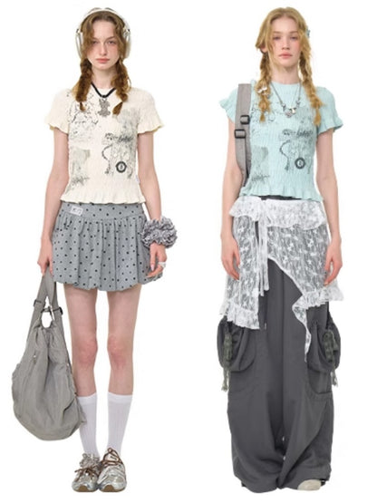 Rabbit Print Shirring Mellow Round Neck Short Sleeve T-Shirt【s0000013024】