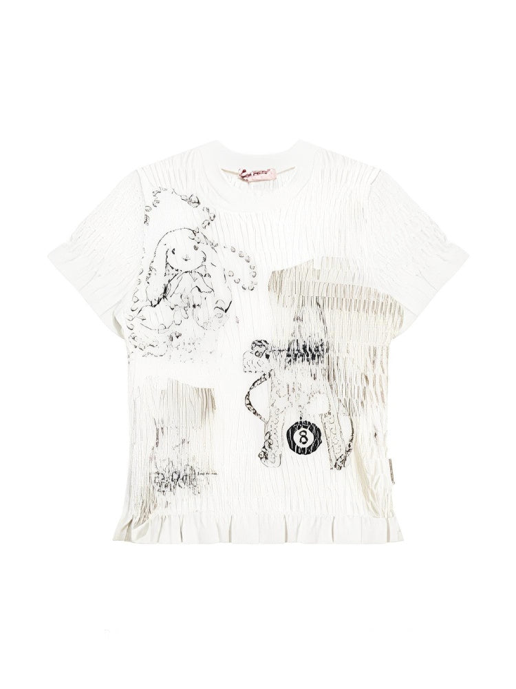 Rabbit Print Shirring Mellow Round Neck Short Sleeve T-Shirt【s0000013024】
