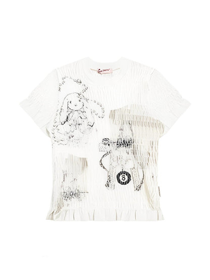 Rabbit Print Shirring Mellow Round Neck Short Sleeve T-Shirt【s0000013024】