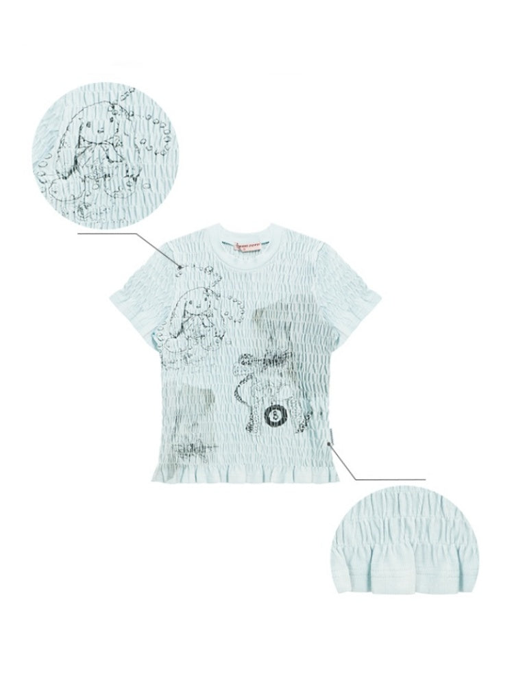Rabbit Print Shirring Mellow Round Neck Short Sleeve T-Shirt【s0000013024】