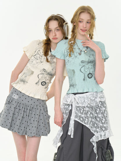 Rabbit Print Shirring Mellow Round Neck Short Sleeve T-Shirt【s0000013024】
