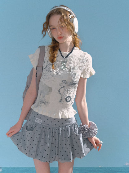 Rabbit Print Shirring Mellow Round Neck Short Sleeve T-Shirt【s0000013024】