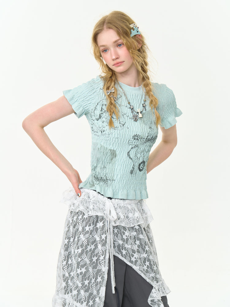 Rabbit Print Shirring Mellow Round Neck Short Sleeve T-Shirt【s0000013024】