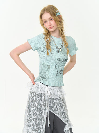 Rabbit Print Shirring Mellow Round Neck Short Sleeve T-Shirt【s0000013024】