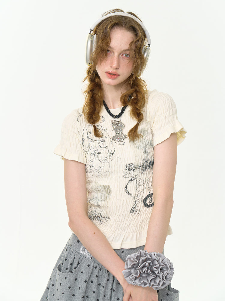 Rabbit Print Shirring Mellow Round Neck Short Sleeve T-Shirt【s0000013024】