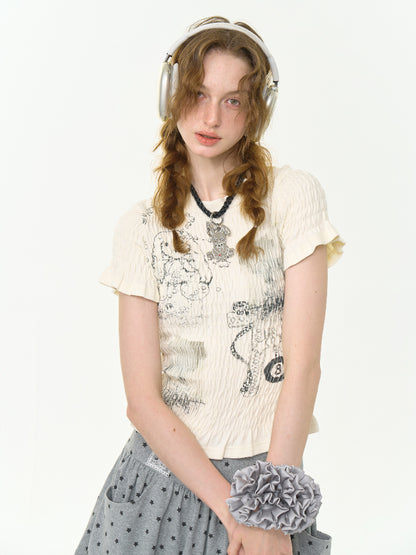 Rabbit Print Shirring Mellow Round Neck Short Sleeve T-Shirt【s0000013024】