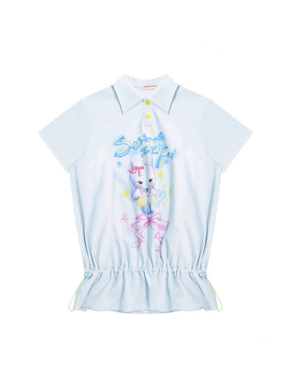 Rabbit Print Drawstring Hem Polo Neck Short Sleeve T-Shirt【s0000013026】