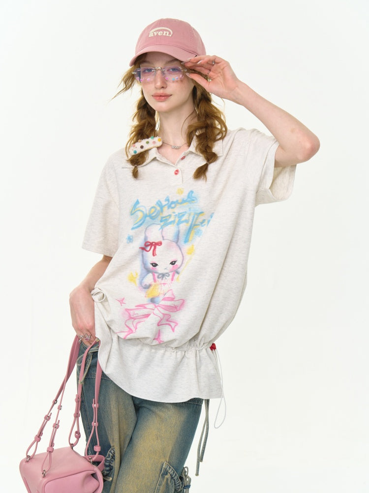 Rabbit Print Drawstring Hem Polo Neck Short Sleeve T-Shirt【s0000013026】