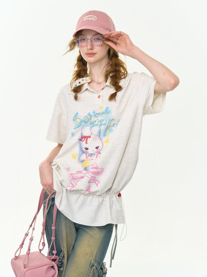 Rabbit Print Drawstring Hem Polo Neck Short Sleeve T-Shirt【s0000013026】
