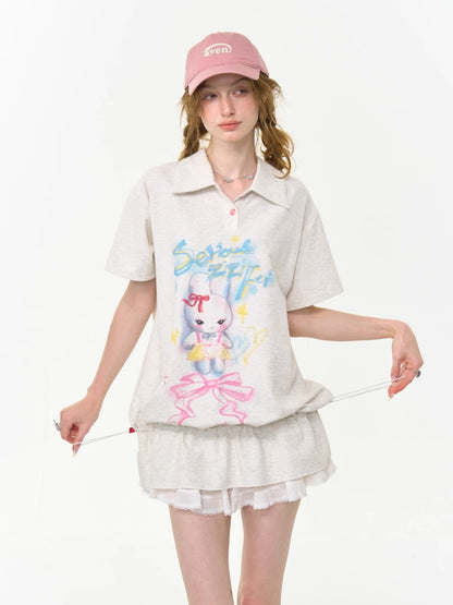 Rabbit Print Drawstring Hem Polo Neck Short Sleeve T-Shirt【s0000013026】