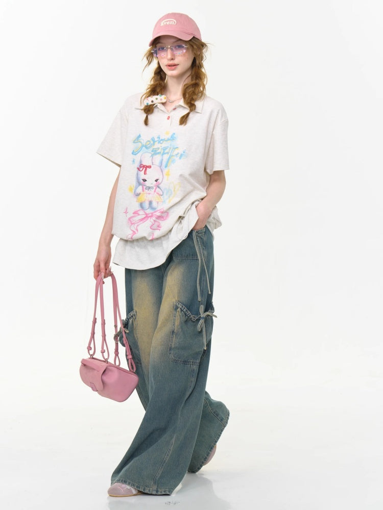 Rabbit Print Drawstring Hem Polo Neck Short Sleeve T-Shirt【s0000013026】