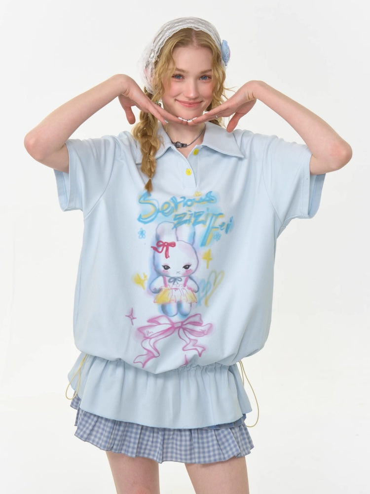 Rabbit Print Drawstring Hem Polo Neck Short Sleeve T-Shirt【s0000013026】
