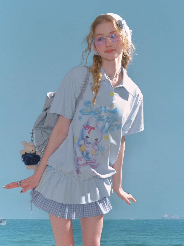 Rabbit Print Drawstring Hem Polo Neck Short Sleeve T-Shirt【s0000013026】