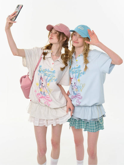 Rabbit Print Drawstring Hem Polo Neck Short Sleeve T-Shirt【s0000013026】