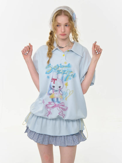 Rabbit Print Drawstring Hem Polo Neck Short Sleeve T-Shirt【s0000013026】