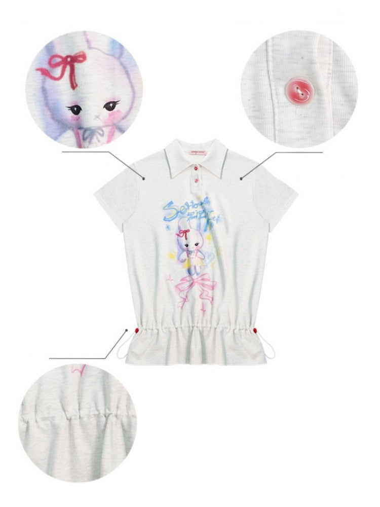 Rabbit Print Drawstring Hem Polo Neck Short Sleeve T-Shirt【s0000013026】