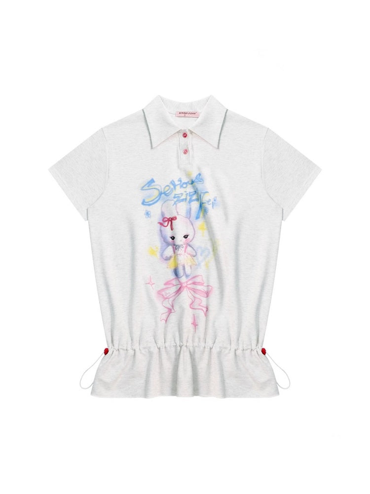 Rabbit Print Drawstring Hem Polo Neck Short Sleeve T-Shirt【s0000013026】