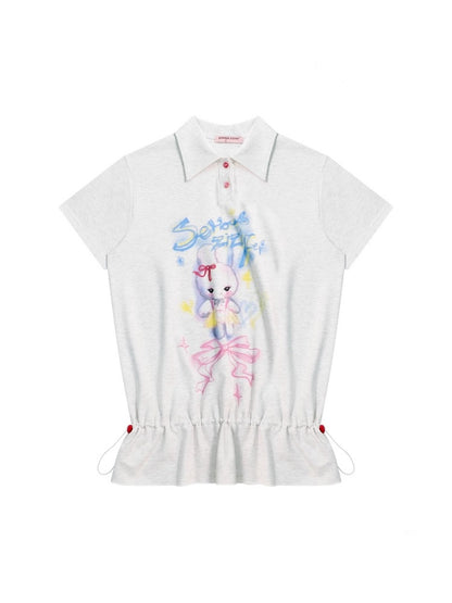 Rabbit Print Drawstring Hem Polo Neck Short Sleeve T-Shirt【s0000013026】