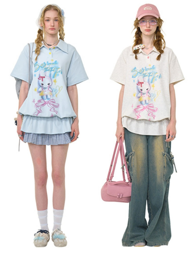 Rabbit Print Drawstring Hem Polo Neck Short Sleeve T-Shirt【s0000013026】