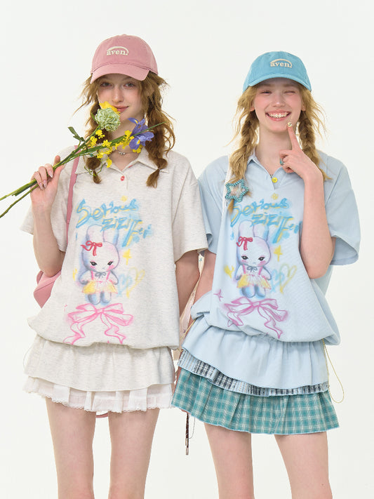 Rabbit Print Drawstring Hem Polo Neck Short Sleeve T-Shirt【s0000013026】
