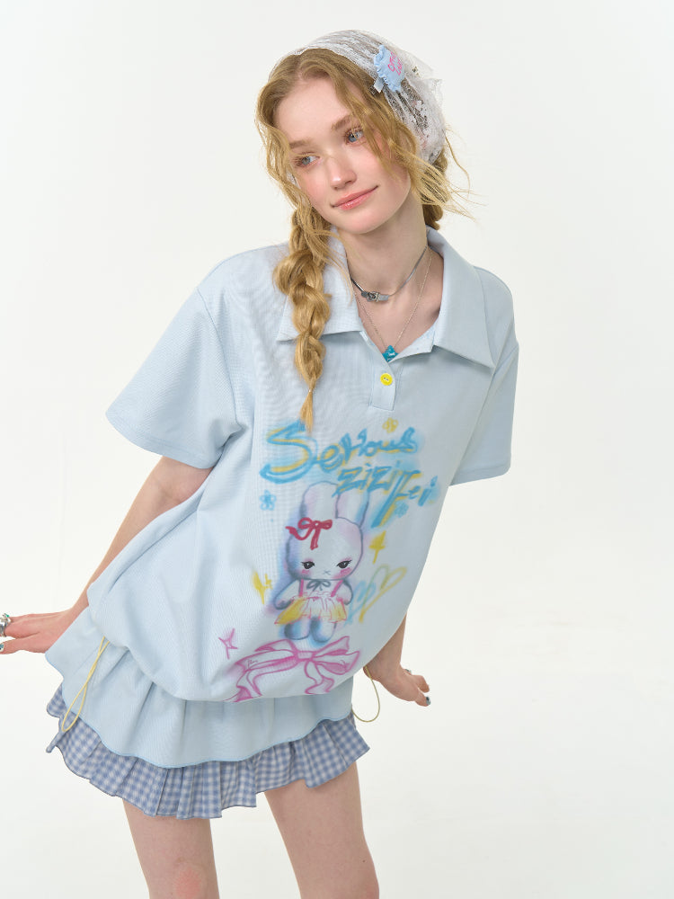 Rabbit Print Drawstring Hem Polo Neck Short Sleeve T-Shirt【s0000013026】