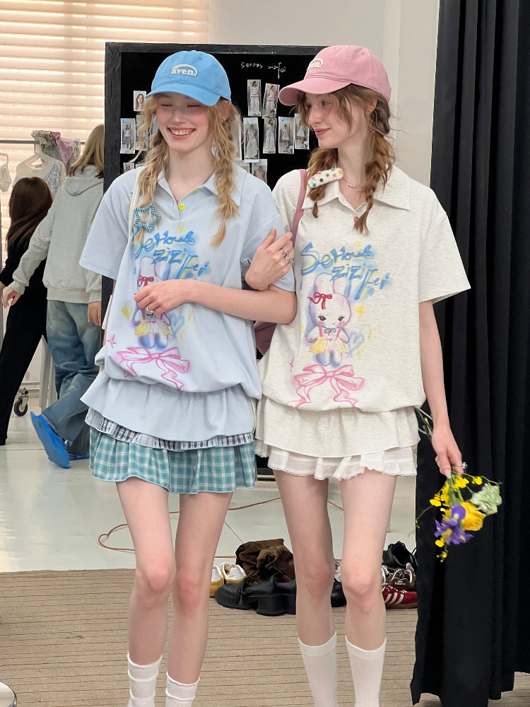 Rabbit Print Drawstring Hem Polo Neck Short Sleeve T-Shirt【s0000013026】