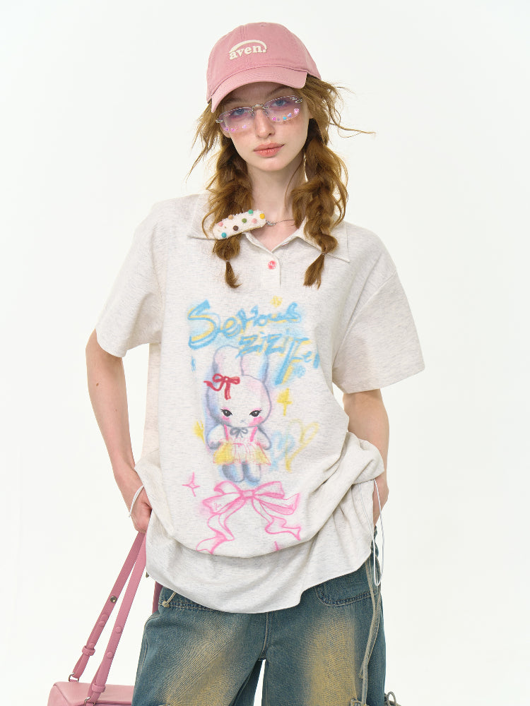 Rabbit Print Drawstring Hem Polo Neck Short Sleeve T-Shirt【s0000013026】