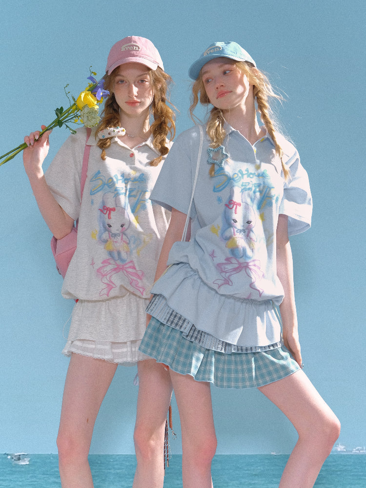 Rabbit Print Drawstring Hem Polo Neck Short Sleeve T-Shirt【s0000013026】