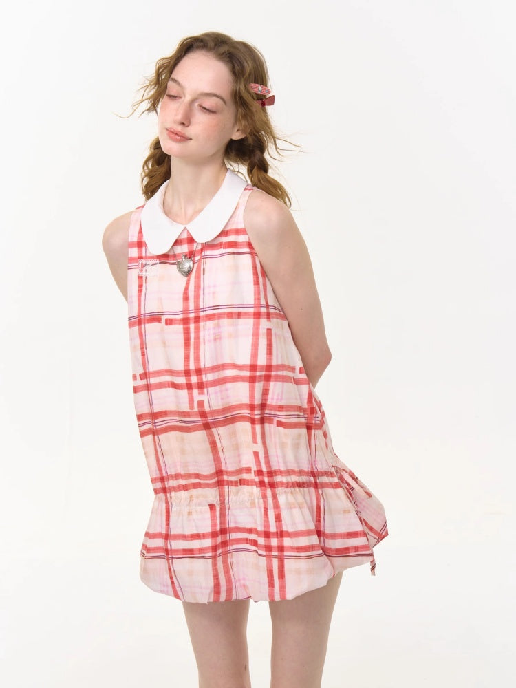 Plaid Doll Collar Drawstring Waist Sleeveless Dress【s0000013027】