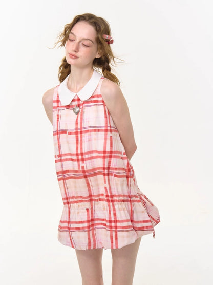 Plaid Doll Collar Drawstring Waist Sleeveless Dress【s0000013027】