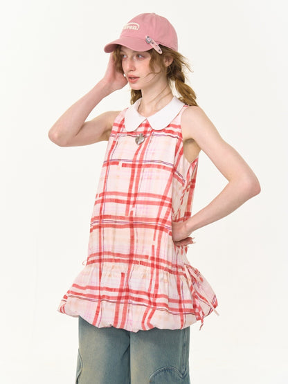 Plaid Doll Collar Drawstring Waist Sleeveless Dress【s0000013027】