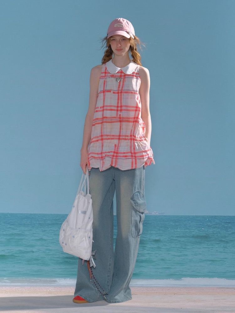 Plaid Doll Collar Drawstring Waist Sleeveless Dress【s0000013027】