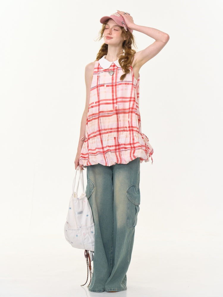 Plaid Doll Collar Drawstring Waist Sleeveless Dress【s0000013027】