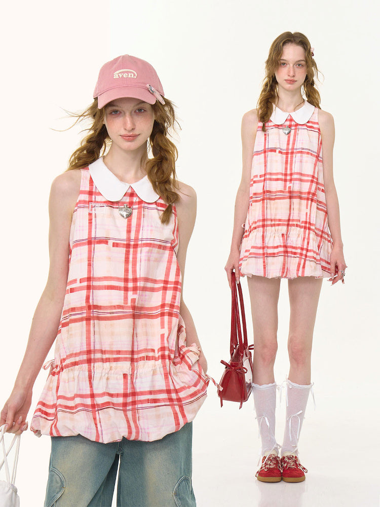 Plaid Doll Collar Drawstring Waist Sleeveless Dress【s0000013027】