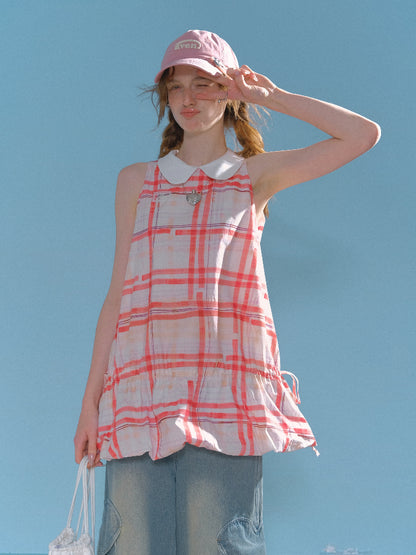 Plaid Doll Collar Drawstring Waist Sleeveless Dress【s0000013027】