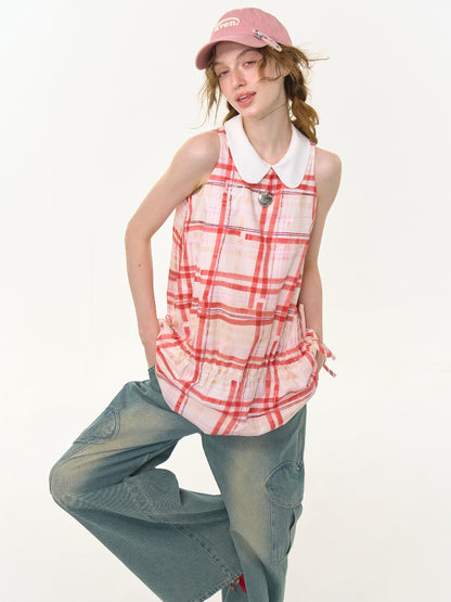 Plaid Doll Collar Drawstring Waist Sleeveless Dress【s0000013027】