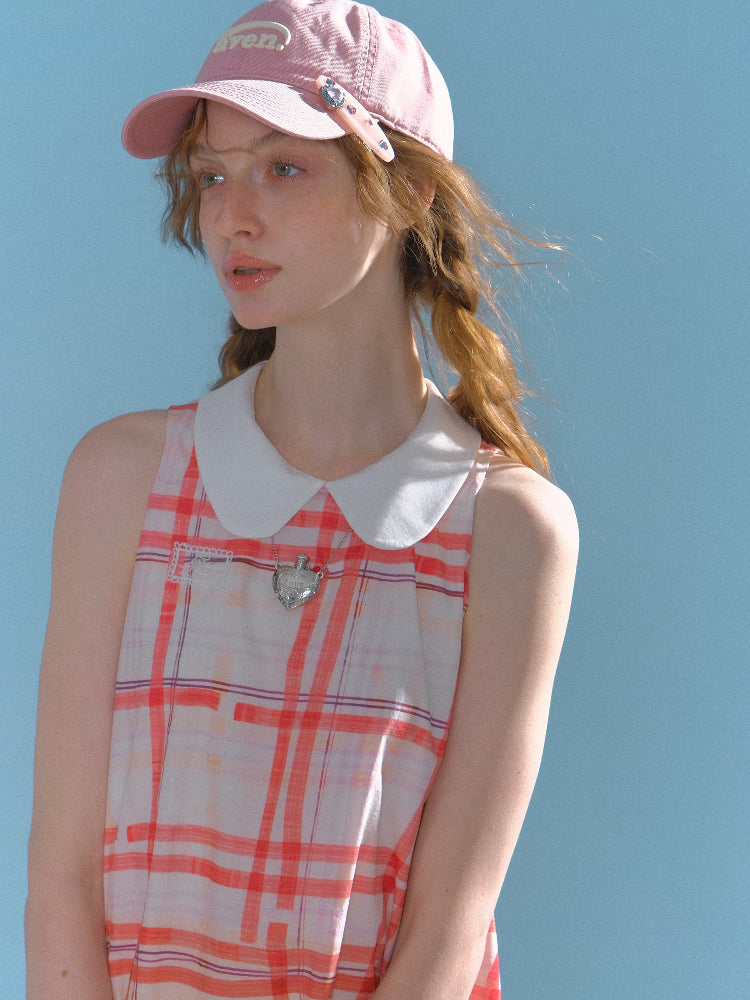 Plaid Doll Collar Drawstring Waist Sleeveless Dress【s0000013027】