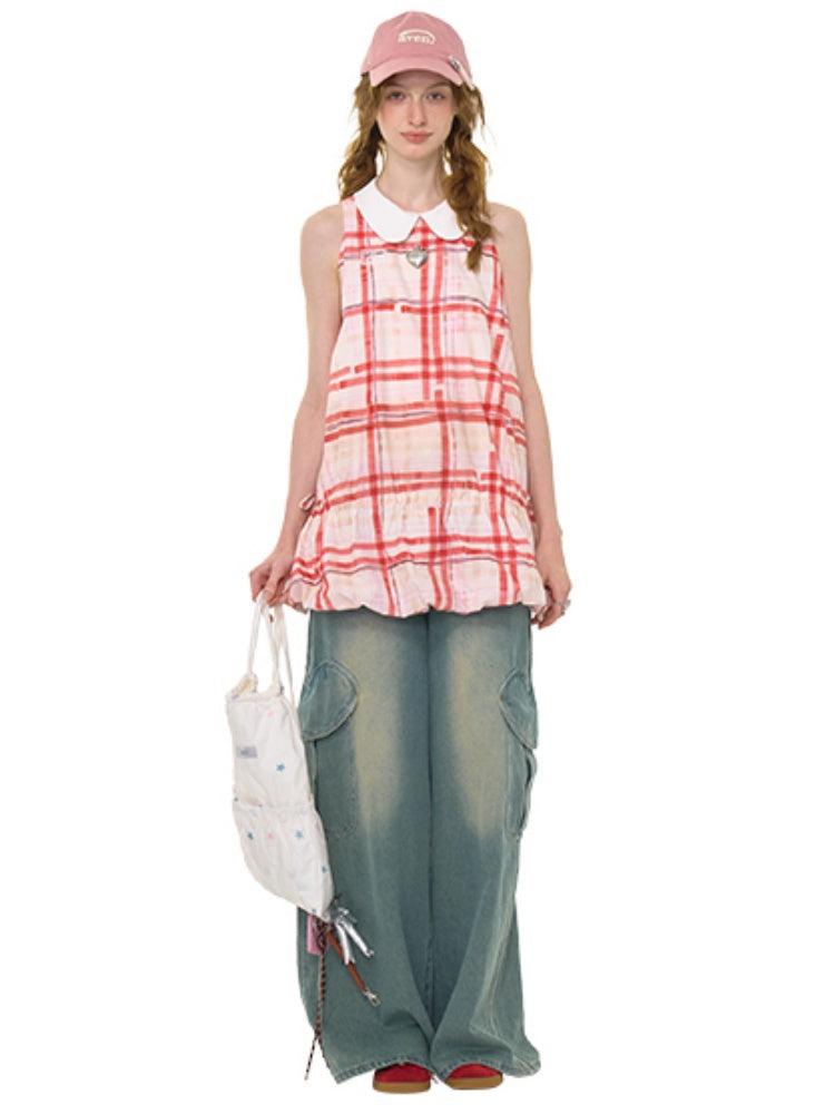 Plaid Doll Collar Drawstring Waist Sleeveless Dress【s0000013027】