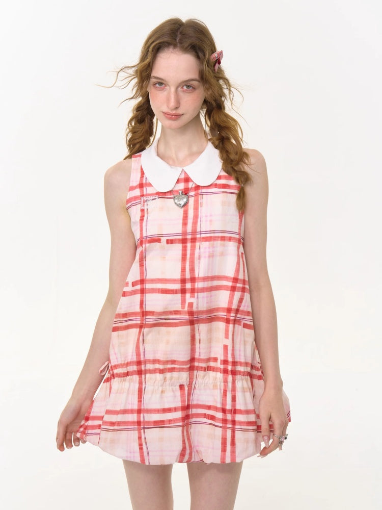 Plaid Doll Collar Drawstring Waist Sleeveless Dress【s0000013027】