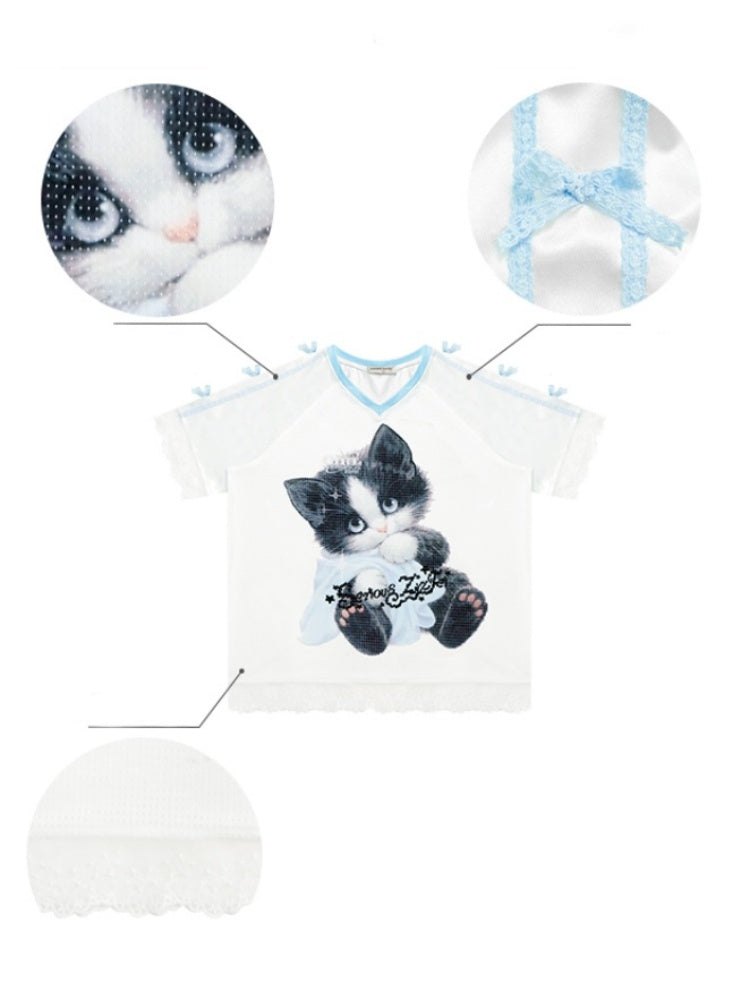 Sporty Cat Print V-Neck Lace Hem Loose Short Sleeve T-Shirt【s0000013029】