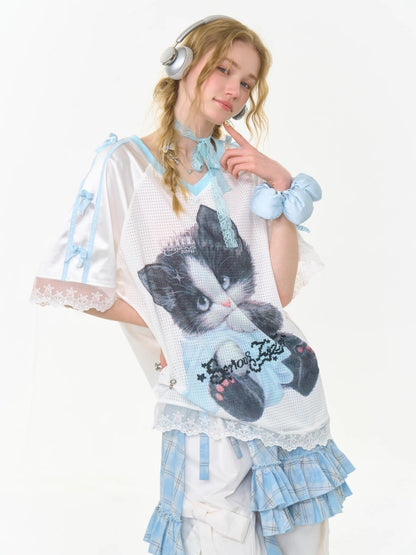 Sporty Cat Print V-Neck Lace Hem Loose Short Sleeve T-Shirt【s0000013029】