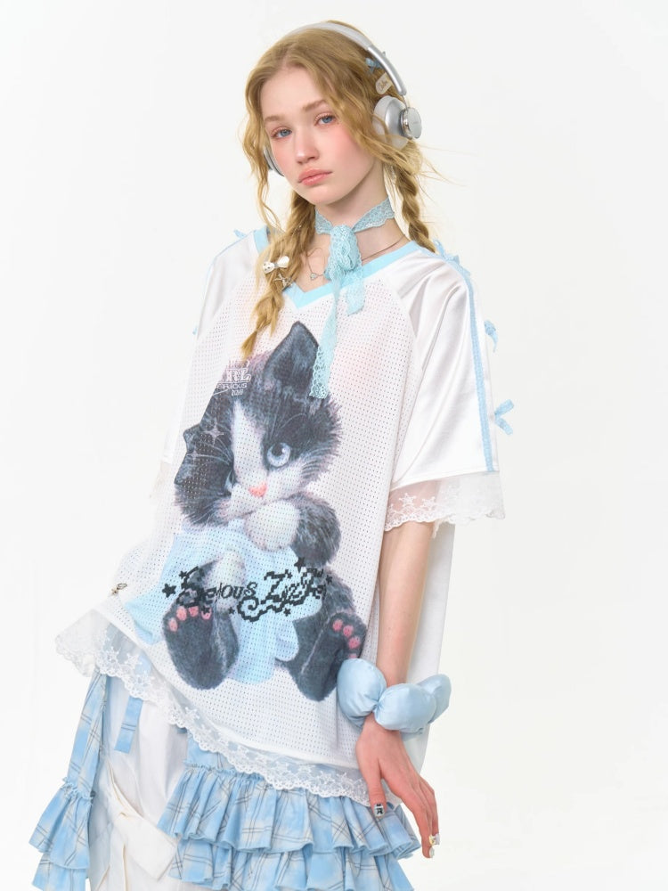 Sporty Cat Print V-Neck Lace Hem Loose Short Sleeve T-Shirt【s0000013029】