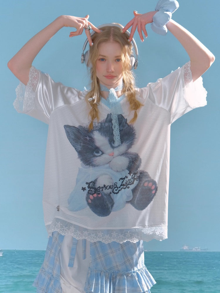 Sporty Cat Print V-Neck Lace Hem Loose Short Sleeve T-Shirt【s0000013029】